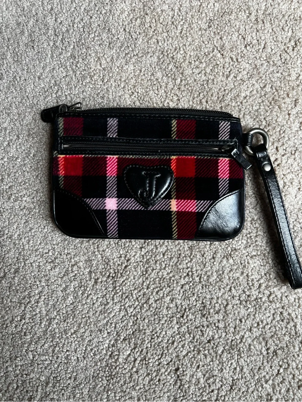Juicy Couture Black Plaid Wristlet with Pink Embroidery